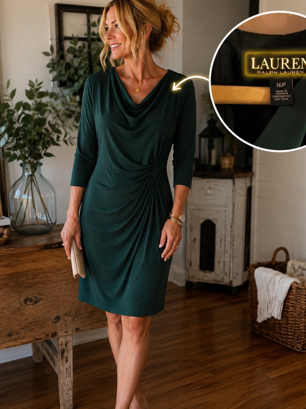 Lauren Ralph Lauren Forest Green Draped Long-Sleeve Dress